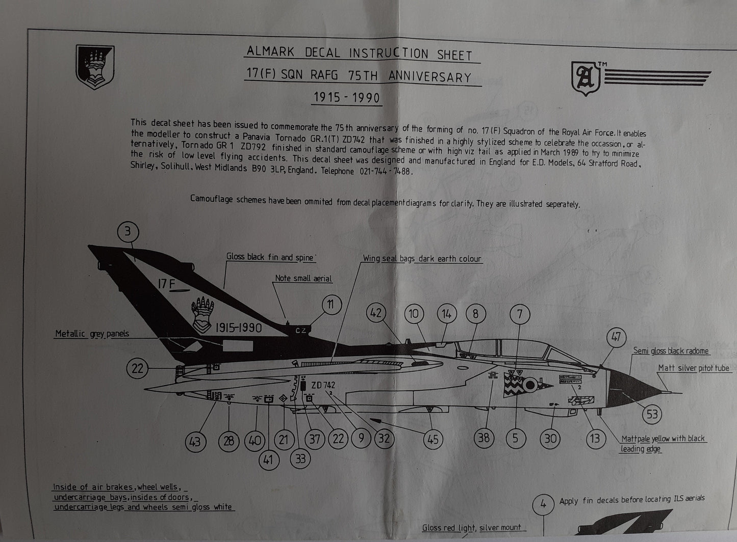 Almark Decal Sheet 17(F) Sqn. RAFG 75th Anniversary 1915-1990