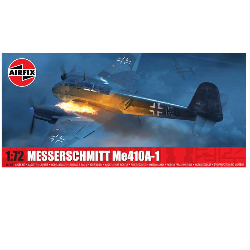 Model airplane kit of Messerschmitt Me410A-1 with Airfix logo on a blue background