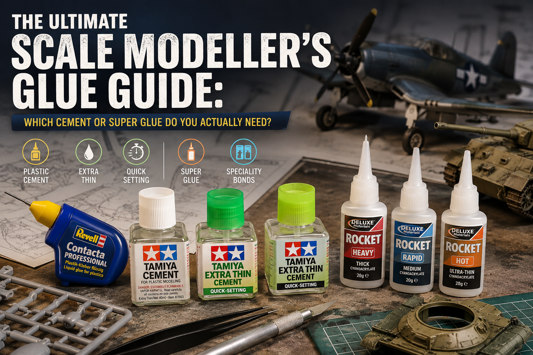 A workbench with 7 different types of common modelling glue. A title in the top left reads The ultimate scale modellers glue guide: which cement or super glue do you actually need