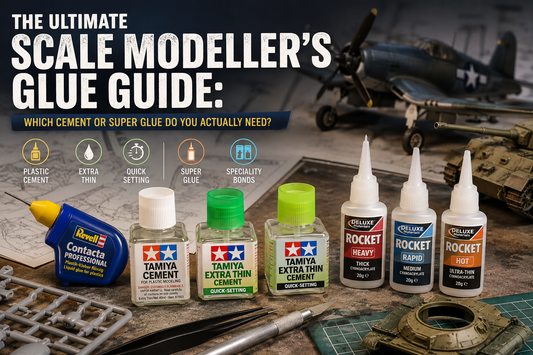 A workbench with 7 different types of common modelling glue. A title in the top left reads The ultimate scale modellers glue guide: which cement or super glue do you actually need