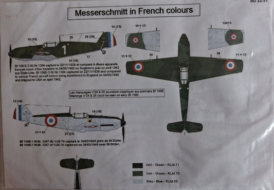 Sheet of paper with a diagram of a Messerschmitt aircraft in French colors, including text and color codes.