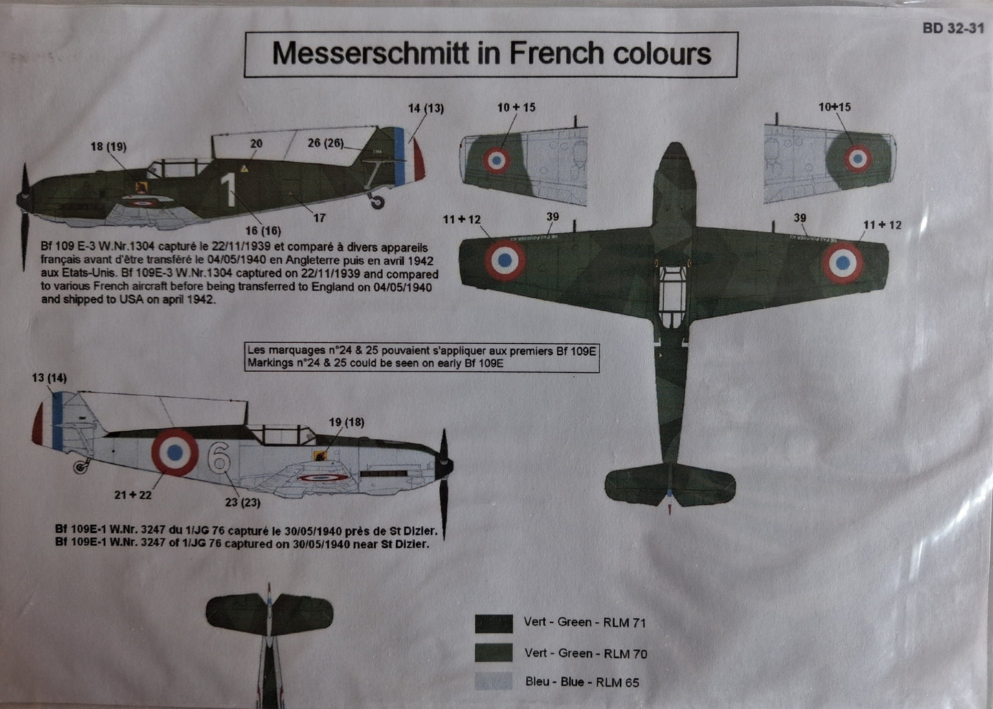 Sheet of decals for Messerschmitt aircraft in French colors on a white background