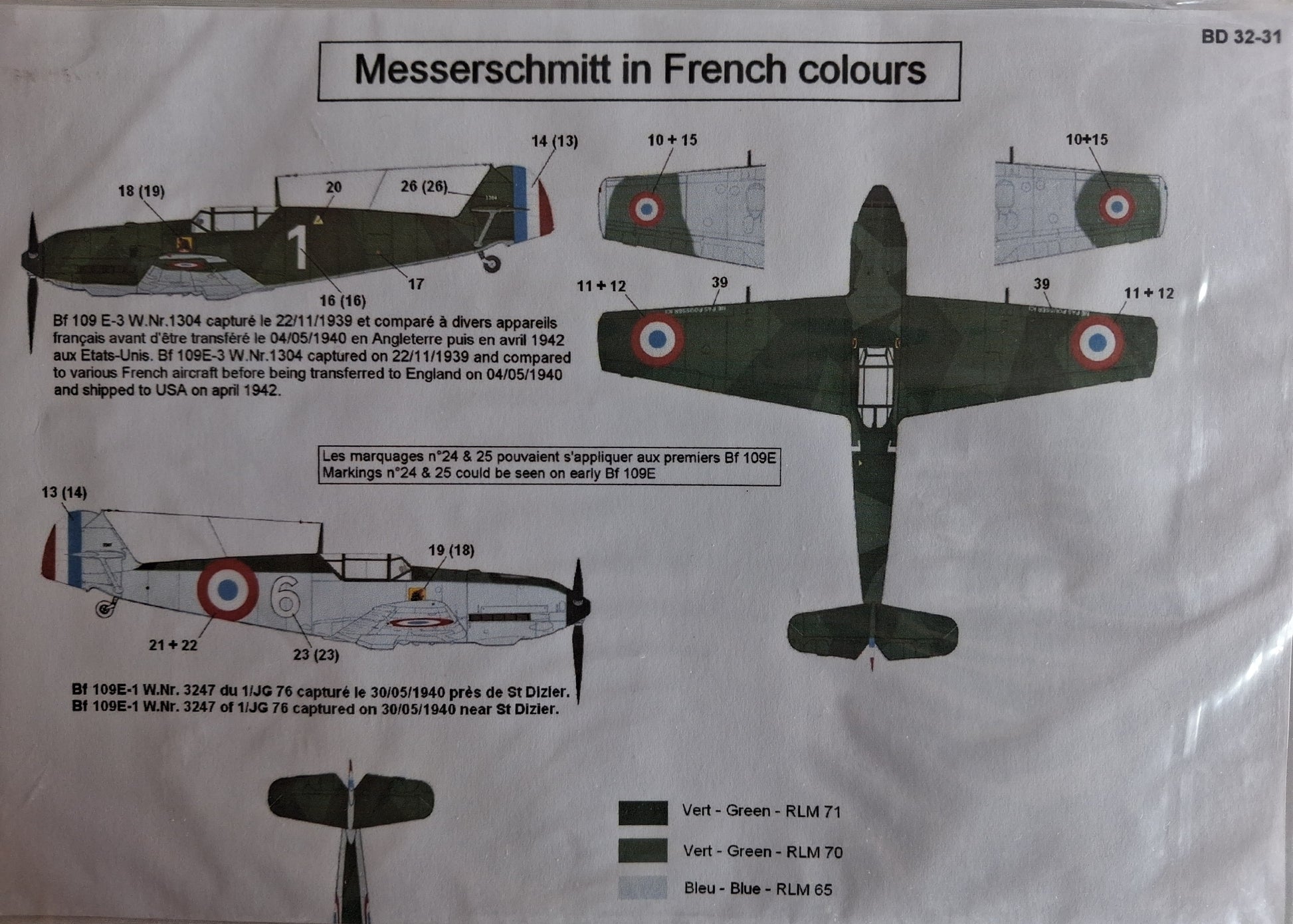 Sheet of decals for Messerschmitt aircraft in French colors on a white background