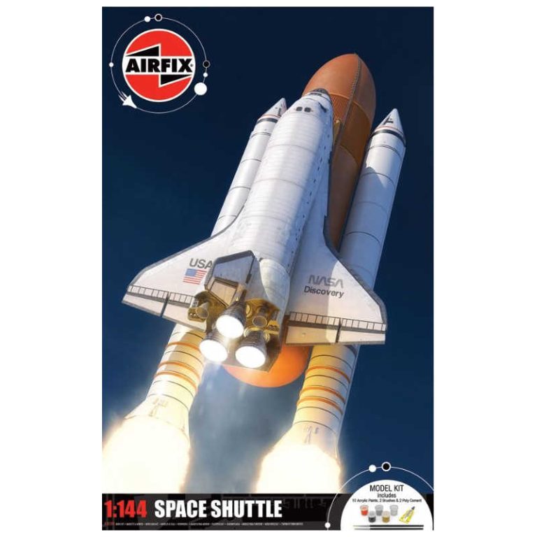 Airfix model kit packaging of a space shuttle with NASA branding.
