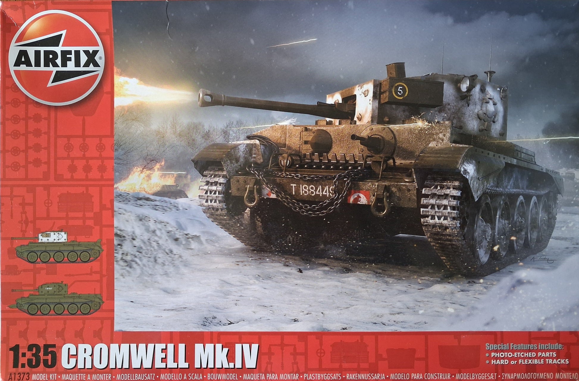 Model tank kit for Airfix Cromwell Mk.IV with snowy battlefield background