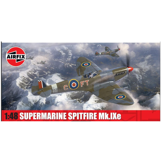 Model kit packaging for a Supermarine Spitfire Mk.IXe with snowy mountain background