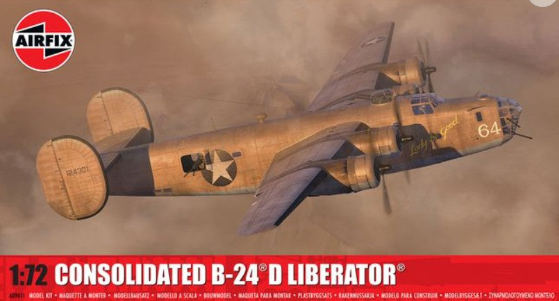 Model airplane kit of Consolidated B-24 'D Liberator' with Airfix logo on a red background