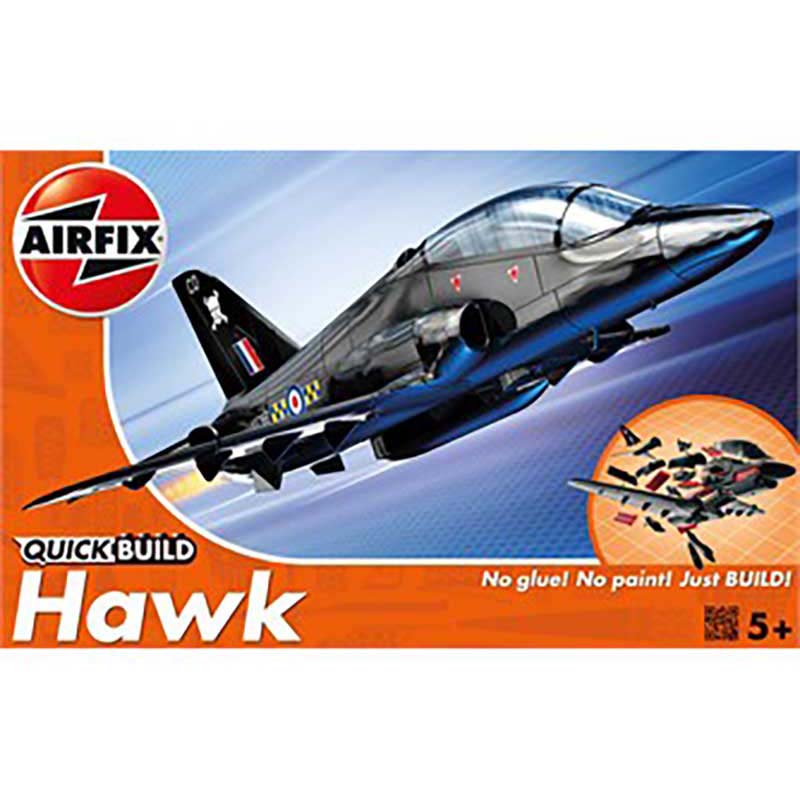Airfix Hawk model kit packaging with an airplane illustration on a blue and orange background.