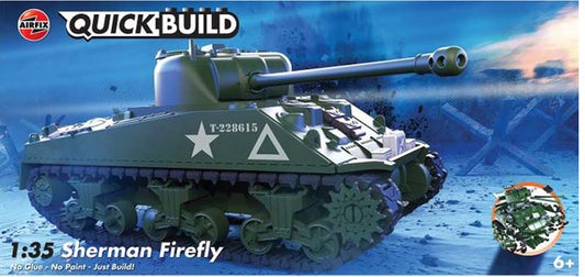 Model tank kit of Sherman Firefly with 'Quick Build' branding on a blue background
