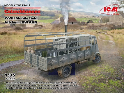 Model kit of a WWII mobile field kitchen LKW AHN on a scenic background with ICM branding.