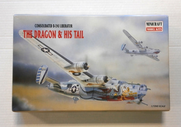 Model airplane kit box for Consolidated B-24J Liberator with 'The Dragon & His Tail' text on a cloudy sky background.