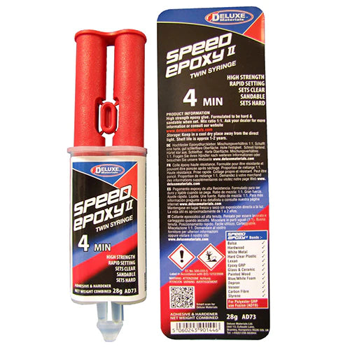 A product image showing a tube and packaging of Deluxe Materials Speed Epoxy II, with details of the product's specifications and usage instructions.