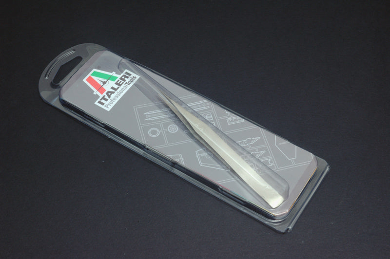 A pair of Italeri Professional Tools Precision Straight Tweezers in its packaging.