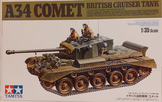 A Tamiya 1:35 scale model kit of the A34 Comet British Cruiser Tank, featuring detailed camouflaged vehicle with long barrel gun, and crew figures.