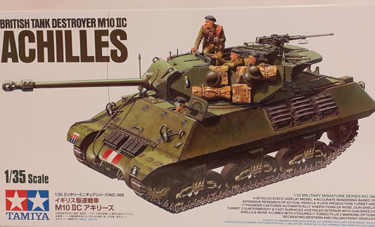 A 1:35 scale model kit of the British Tank Destroyer M10 IIC Achilles, featuring the tank and four figures in detailed military fatigues.