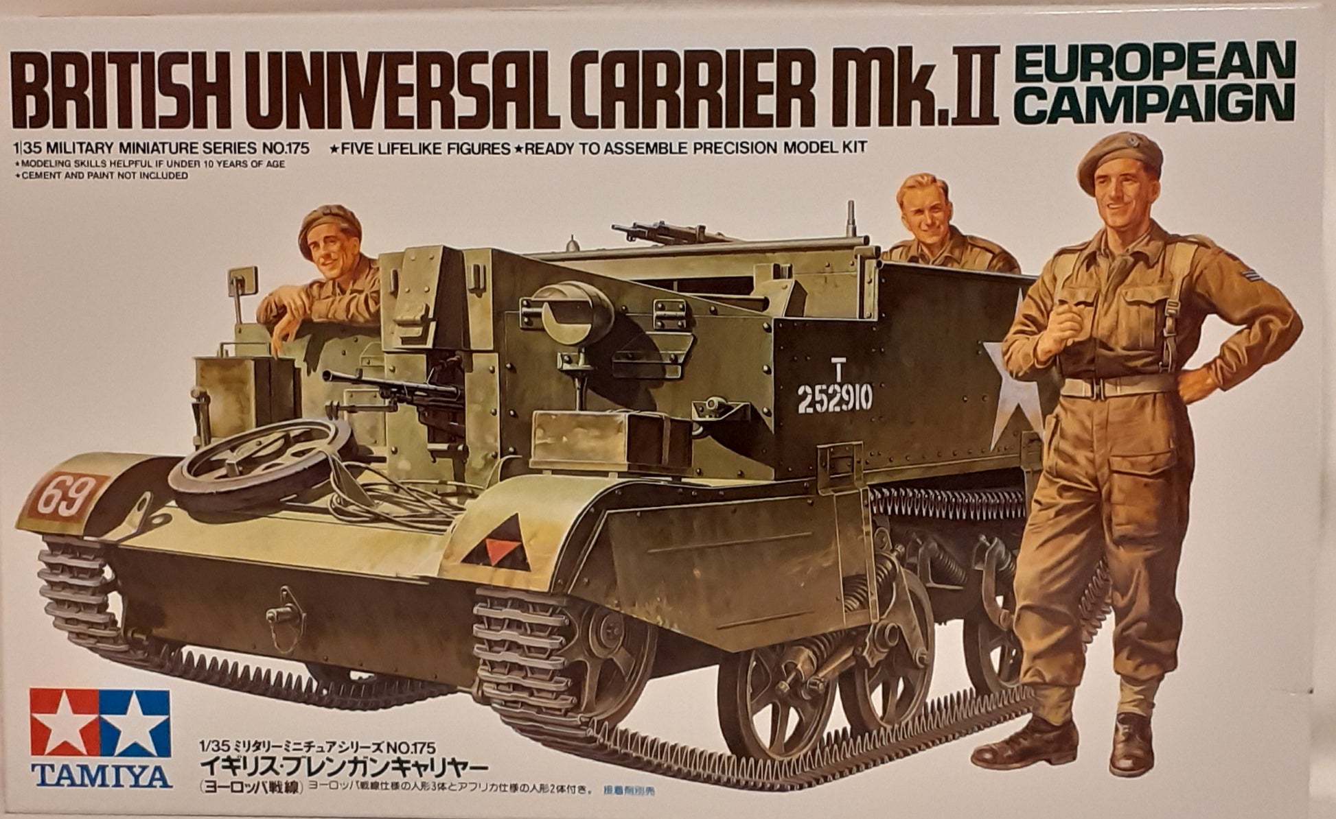A 1:35 scale model kit of the British Universal Carrier MkII, showing the vehicle itself and five figures in the foreground, indicative of the product's historical military theme.
