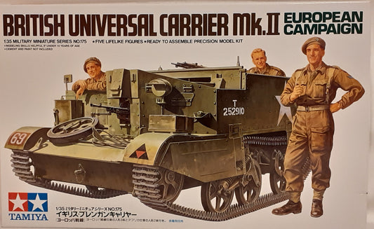 A 1:35 scale model kit of the British Universal Carrier MkII, showing the vehicle itself and five figures in the foreground, indicative of the product's historical military theme.