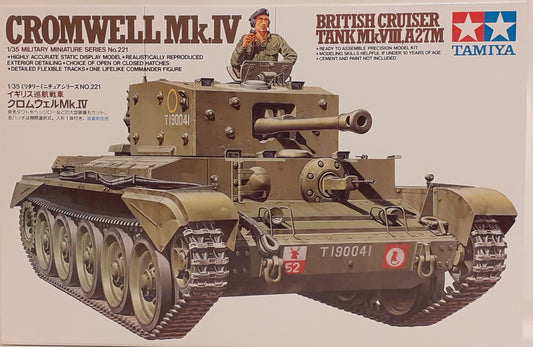 A 1:35 scale model kit of the Tamiya Cromwell Mk IV British Cruiser Tank Mk VIII A27M, featuring the tank in green color with detailed exterior, flexible tracks, and a figure of the commander.