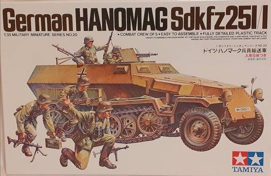 A Tamiya 1:35 scale model kit of a German Hanomag Sdkfz251/1, showing the vehicle and five figures of soldiers, indicating the combat crew. The kit is labeled as 'Military Miniature series no.