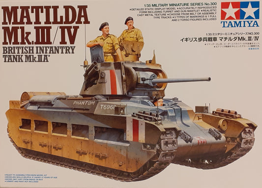 A 1:35 scale model kit of the Tamiya Matilda MkIII/IV British Infantry Tank MkIIA, including the tank and two figures.