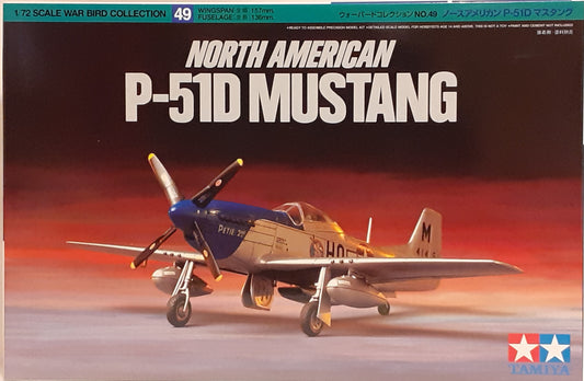 Box art for Tamiya 1:72 scale model kit of the North American P-51D Mustang aircraft, featuring a colorful illustration of the plane.