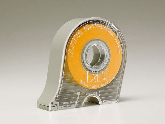 A roll of Tamiya Masking Tape 18mm with yellow packaging, positioned horizontally.