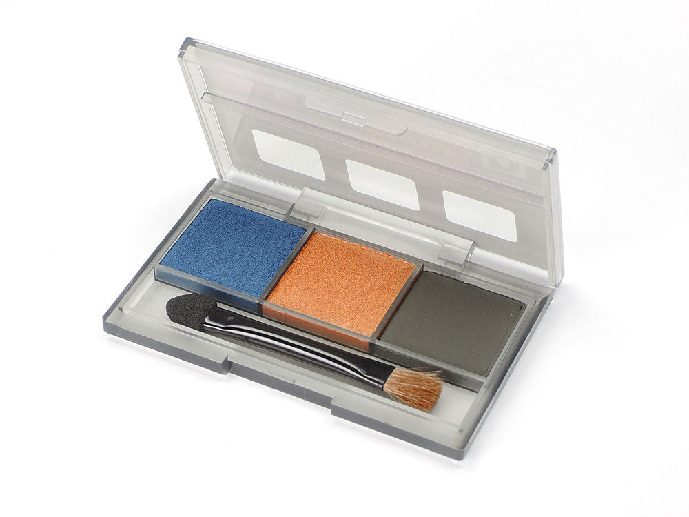 A Tamiya Weathering Master Set D, which includes a palette with three different colored weathering powders and a brush for application.